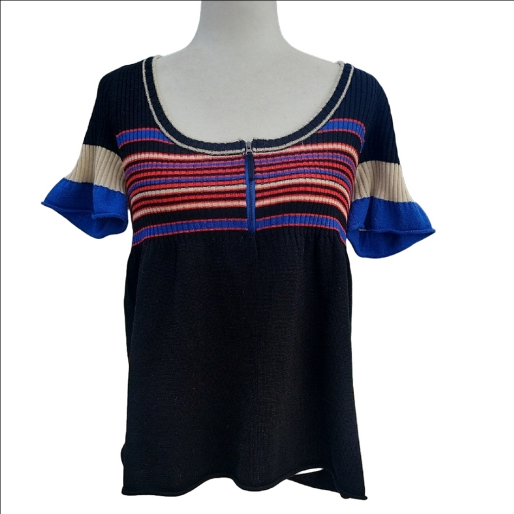 Nwot Free People Blue and Black Ribbed Short Sleeve Sweater Top L Stretchy